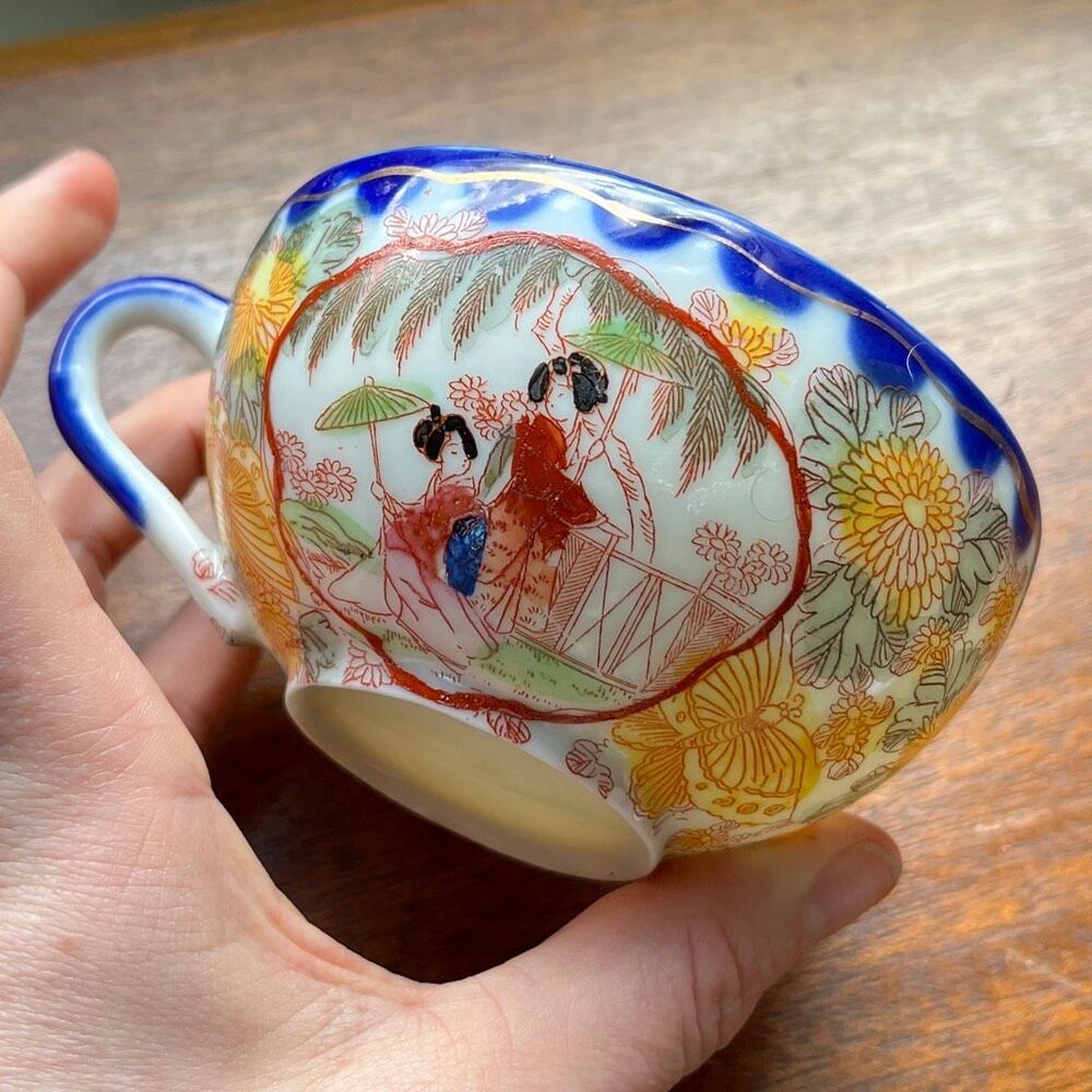 VTG Japanese Kutani Geisha Tea Cup Chinoiserie Floral Porcelain Decor